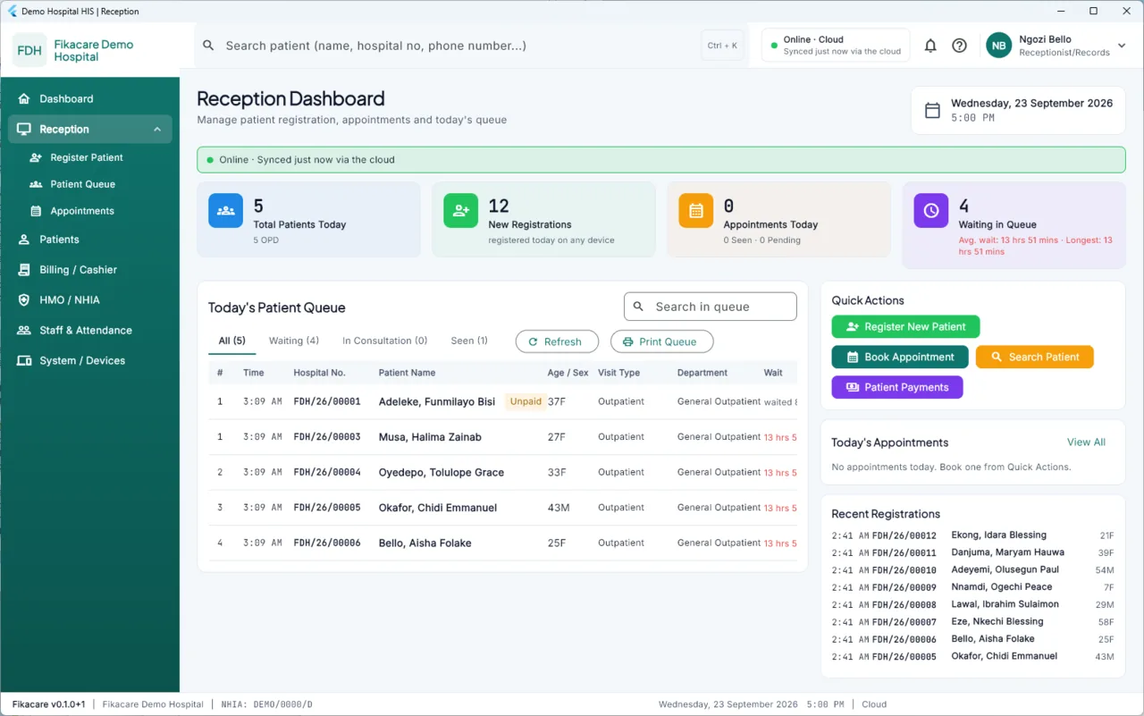 The reception dashboard with a green banner reading Online, synced just now via the cloud