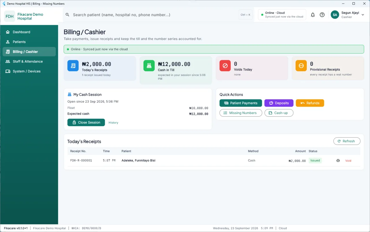 The Billing and Cashier screen with a cash session open
